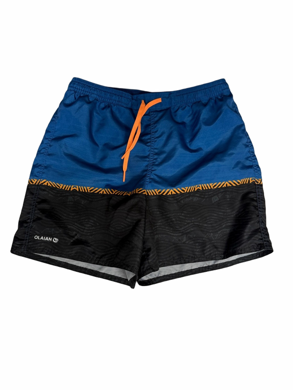 Decathlon Olian Boy 12/13 Blue Black Swim Trunks Orange Drawstring Beach Pool